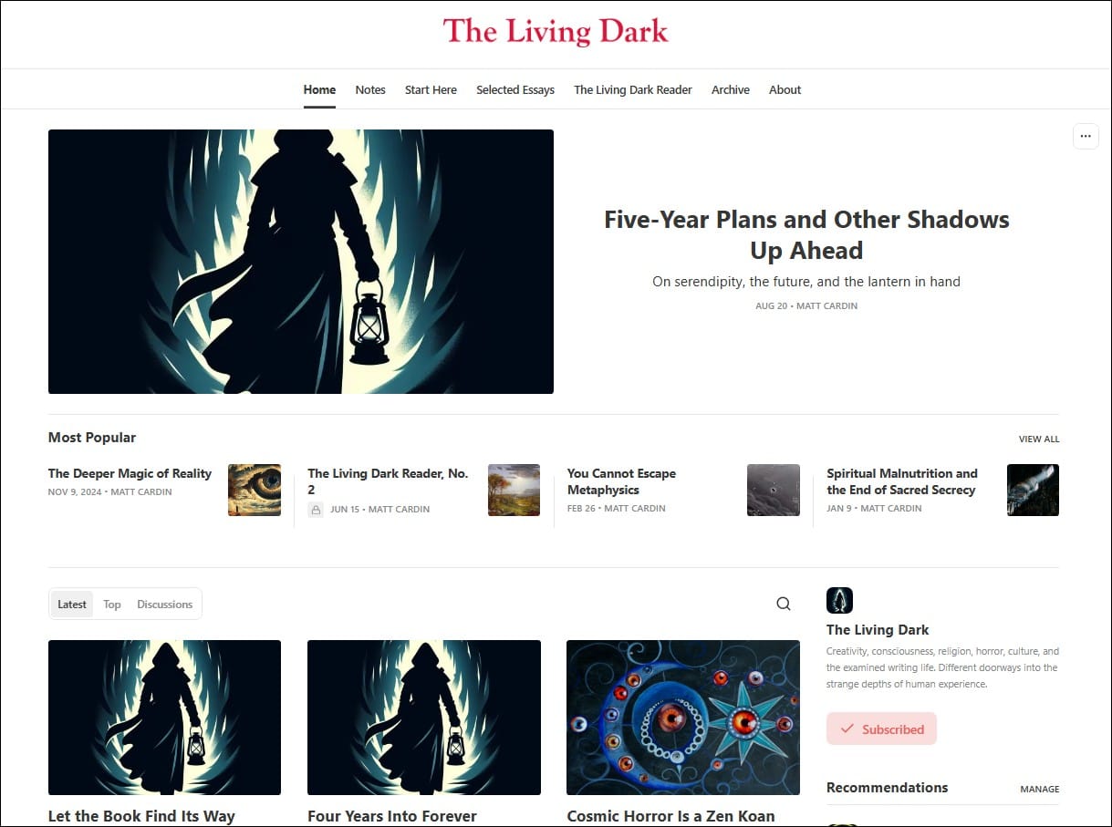 Screenshot of The Living Dark's homepage in 2022