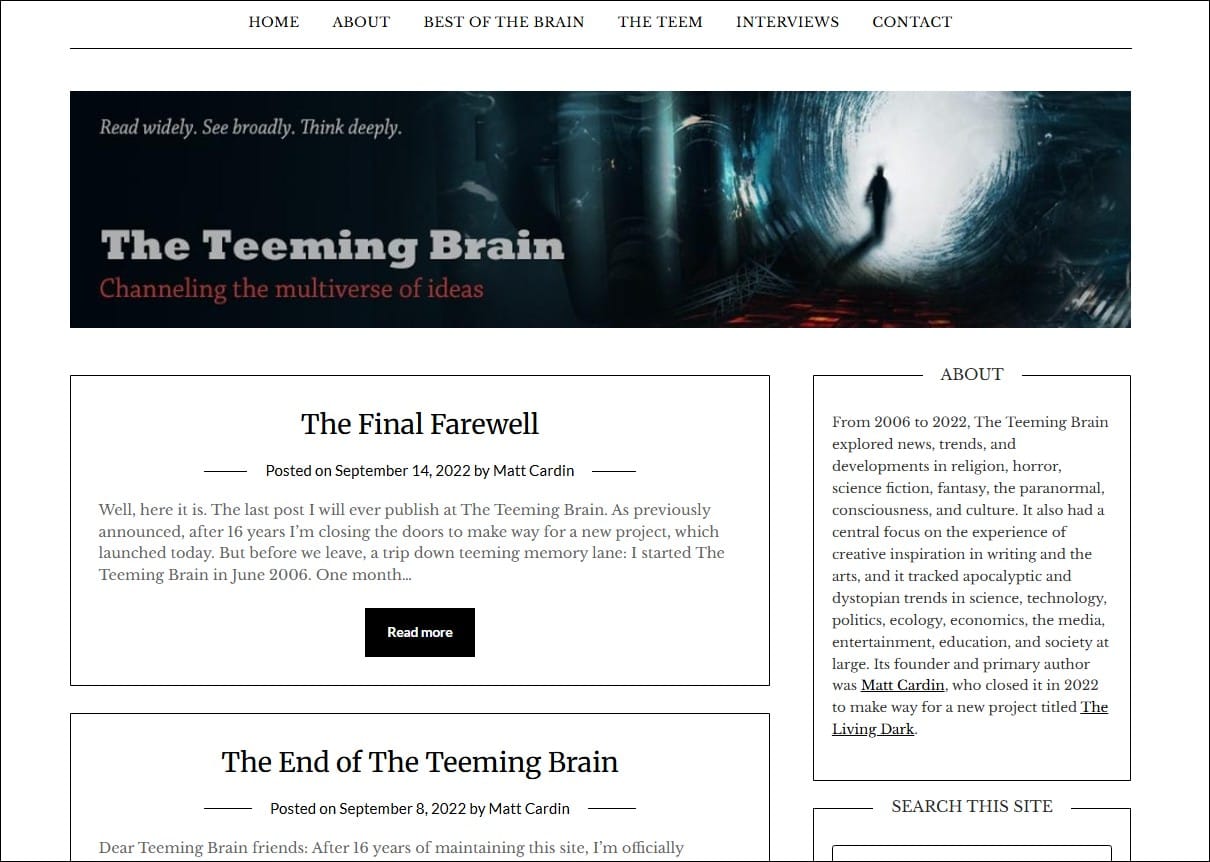 Screenshot of The Teeming Brain's homepage in September 2022.